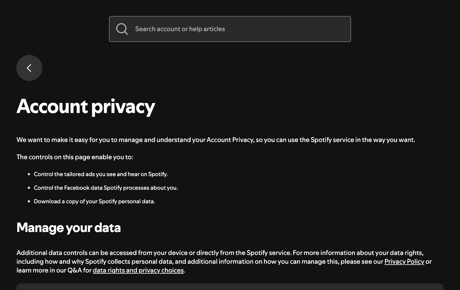 Spotify Account privacy page showing where privacy controls live.