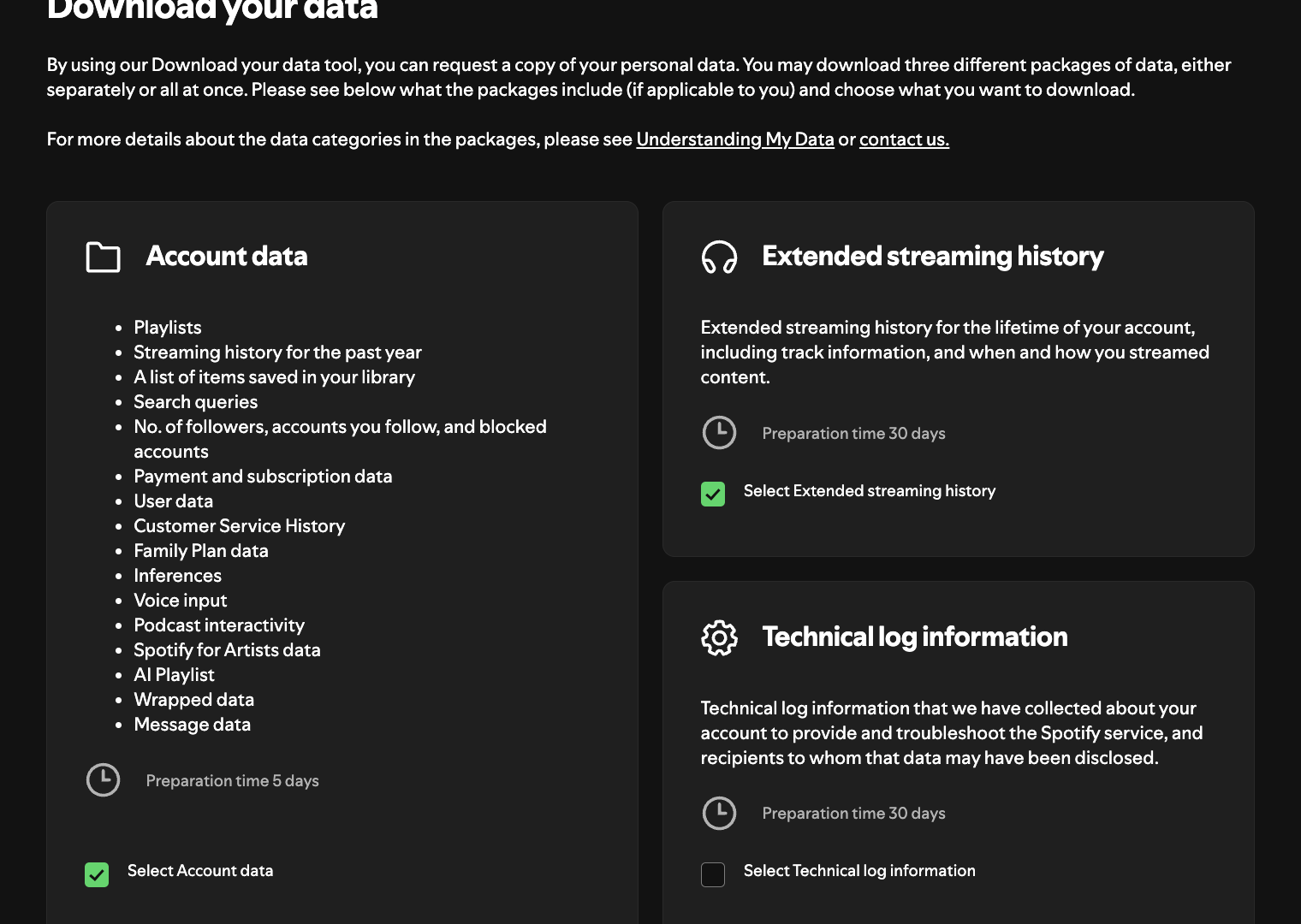 Spotify data package cards with Extended streaming history selected.