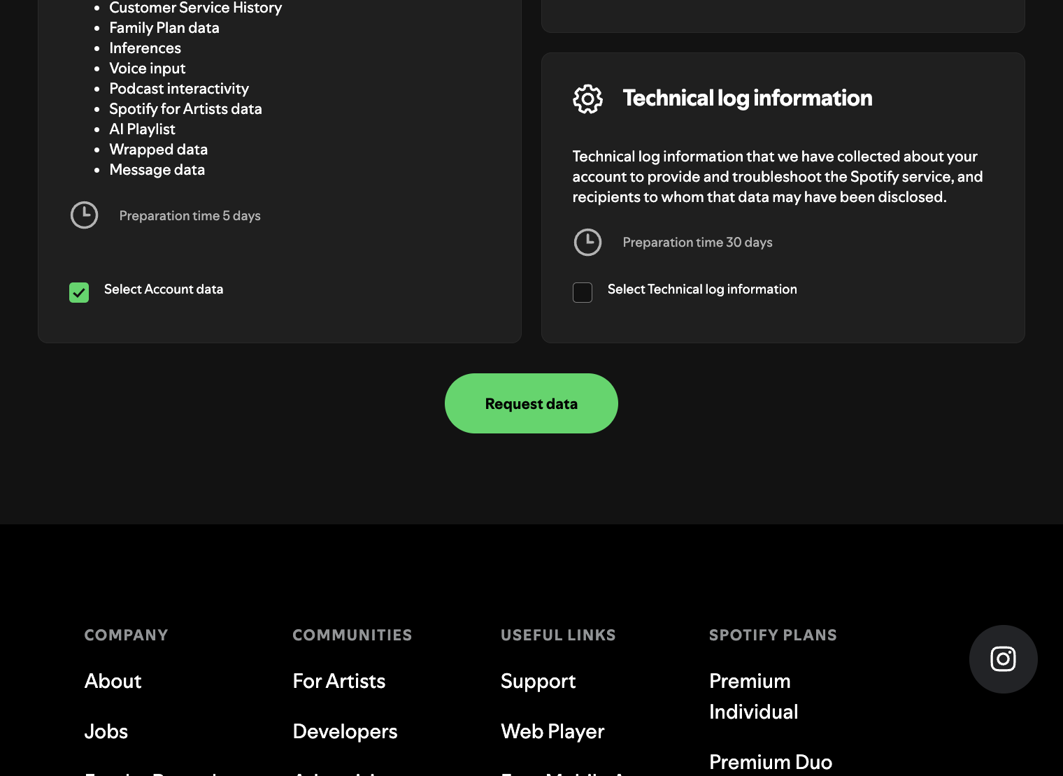 Spotify Request data button after selecting account data and extended streaming history.