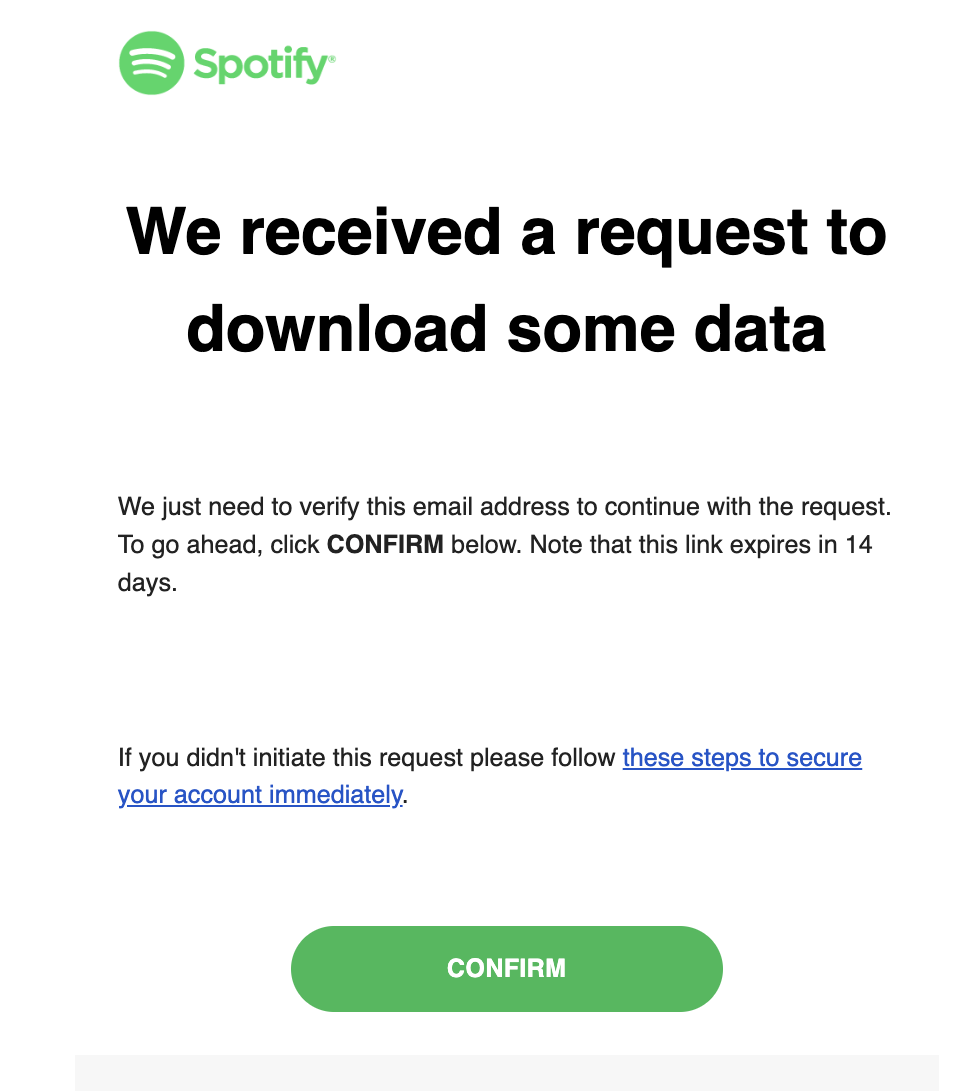 Spotify confirmation email titled We received a request to download some data, with a green Confirm button.