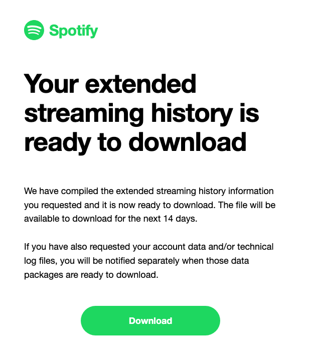 Spotify email titled Your extended streaming history is ready to download, with a green Download button.